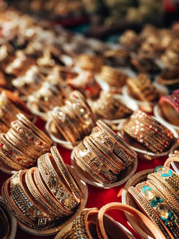 Rows of bangles catching the light.